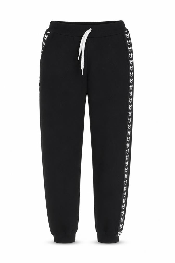 Front view of Mickey Mouse unisex kids black jogger tracksuit with side stripe, size 152