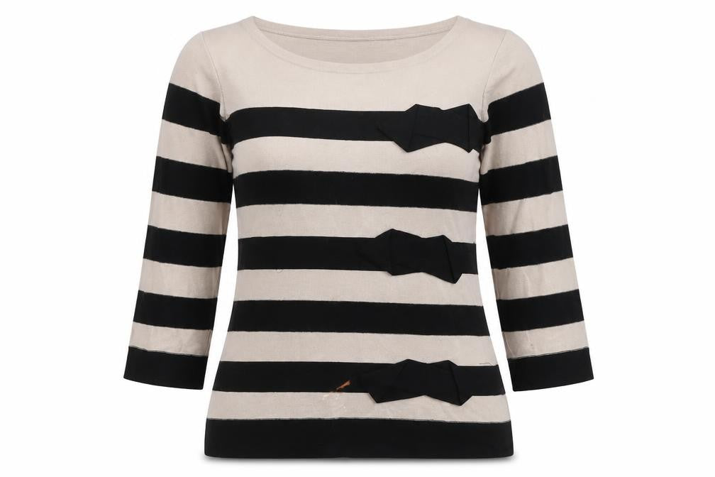 Front view of Jaeger Women's Black Beige Striped Pullover M