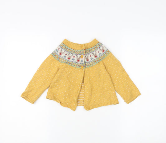 Front view of JoJo Maman Bébé unisex yellow knit cardigan, size 4 plus