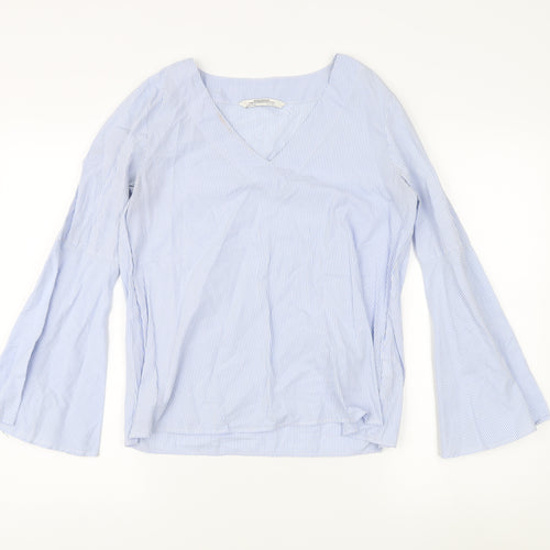 Zara Women's Blue Stripe Cotton V-Neck Blouse S