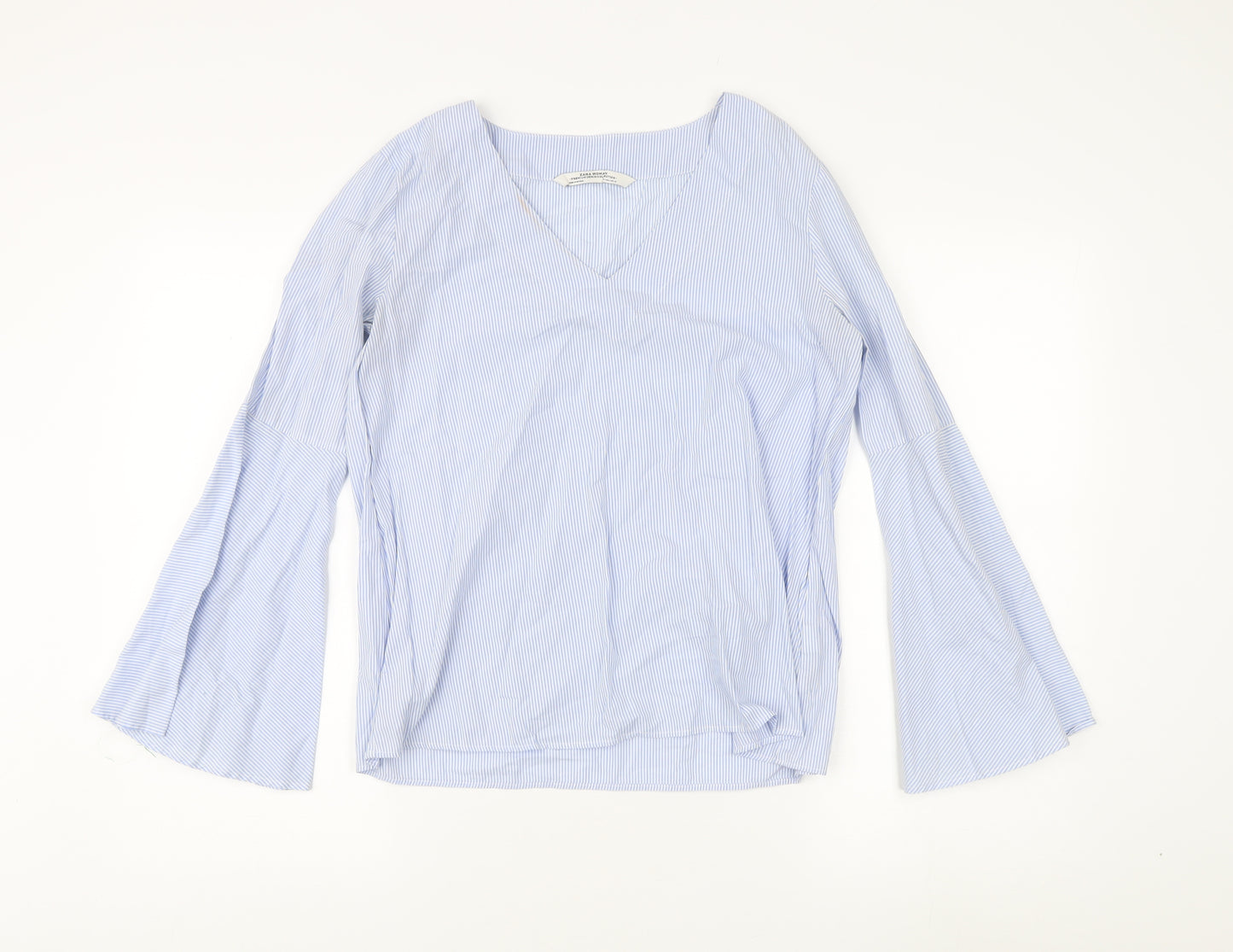 Zara Women's Blue Stripe Cotton V-Neck Blouse S