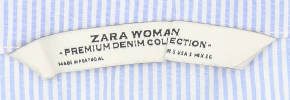 Zara Women's Blue Stripe Cotton V-Neck Blouse S