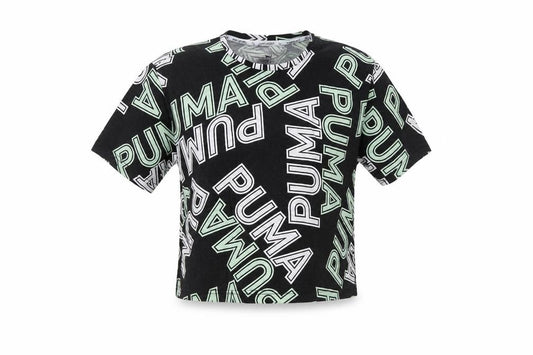 Front view of Puma unisex kids black graphic t-shirt 13-14 years