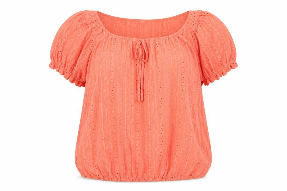 Front view of M&Co Women's Orange Blouse, size 14, Scoop Neck Puff Sleeve