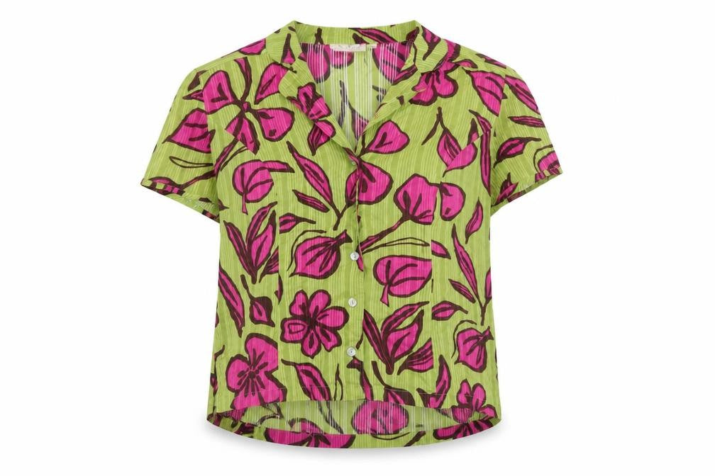 Front view of Adini Women's Green Floral Button-Up Blouse L