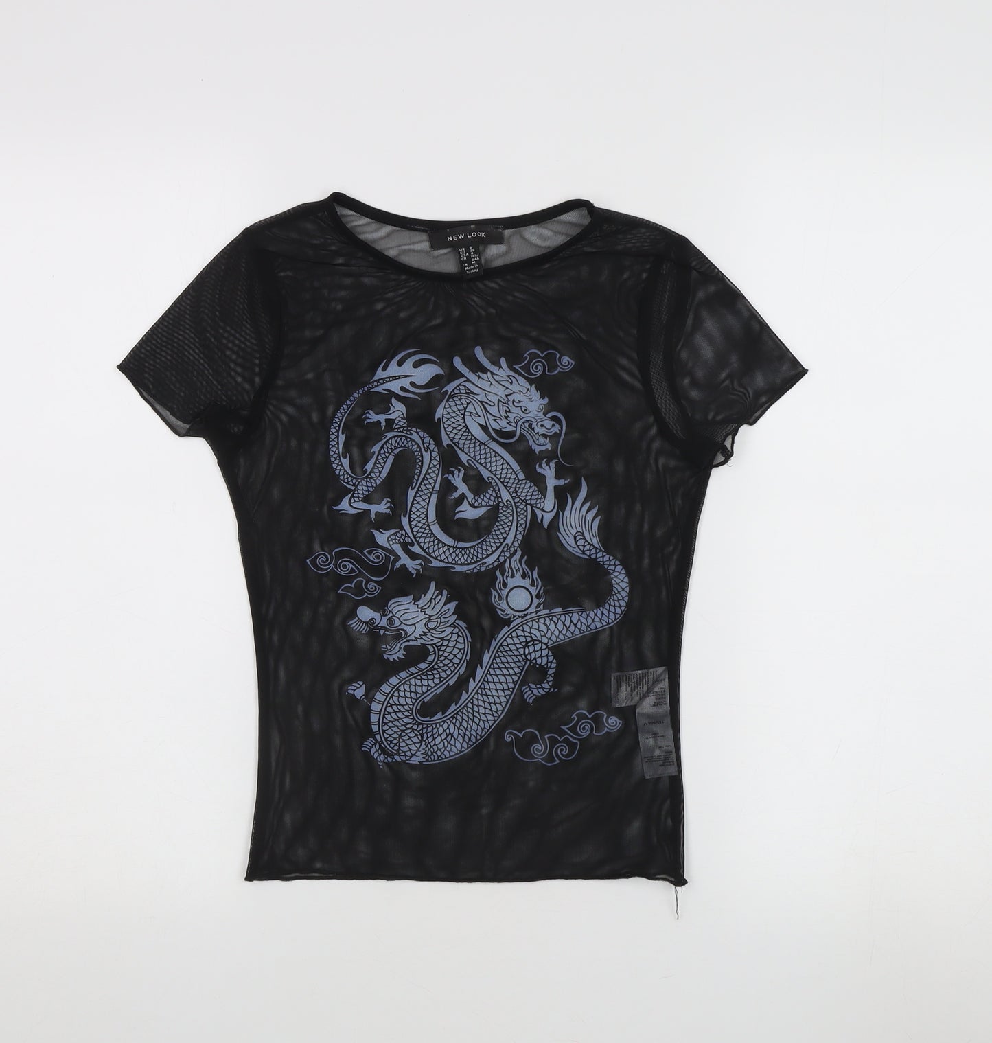 New Look Women's Black Mesh Dragon T-Shirt Size 8