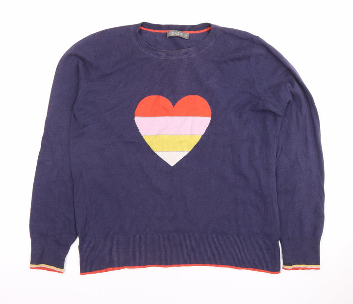 Oasis Women's Blue Crew Neck Heart Knit Jumper Size 12