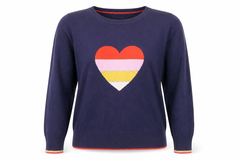 Front view of Oasis Women's Blue Crew Neck Heart Knit Jumper, size 12