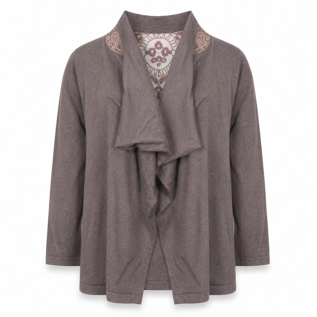 Front view of Roman Women's Brown Open Front Cardigan, size 18, Embroidered