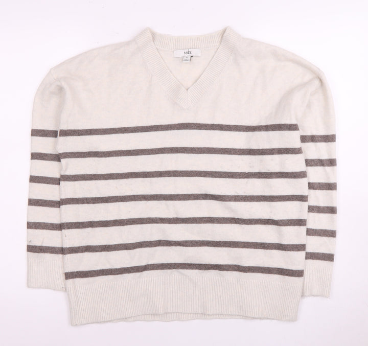 Marks and Spencer Women's White Striped Pullover Jumper - M