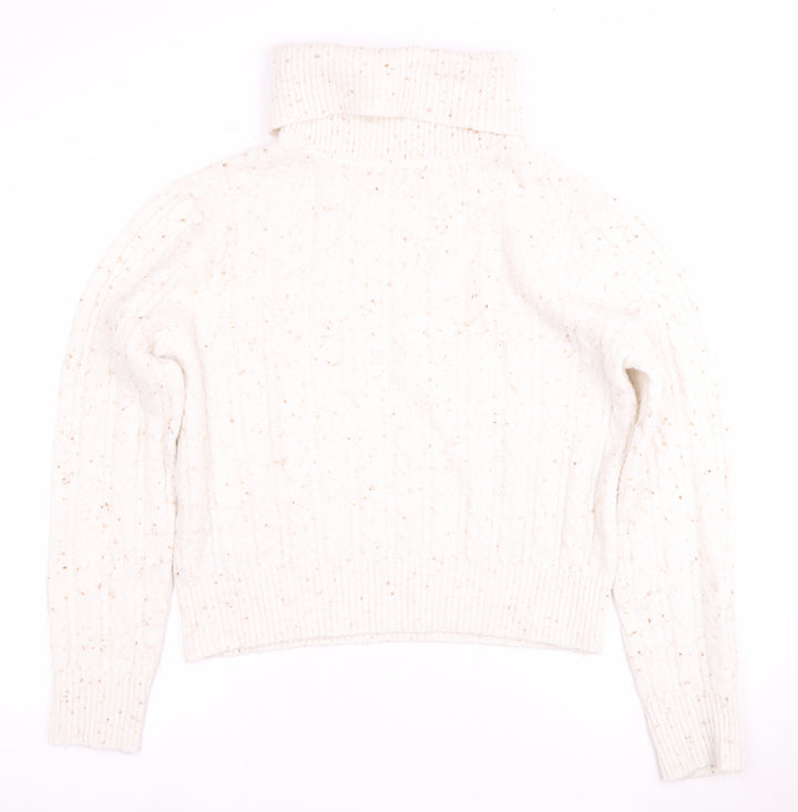 MNG Women's White Cable-Knit Roll Neck Jumper M