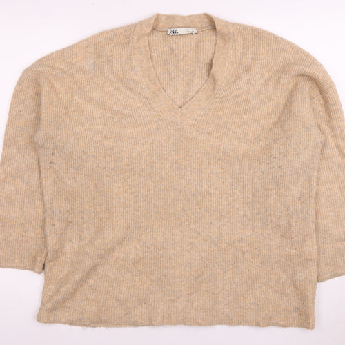 Zara Women's Beige V-Neck Pullover Jumper S