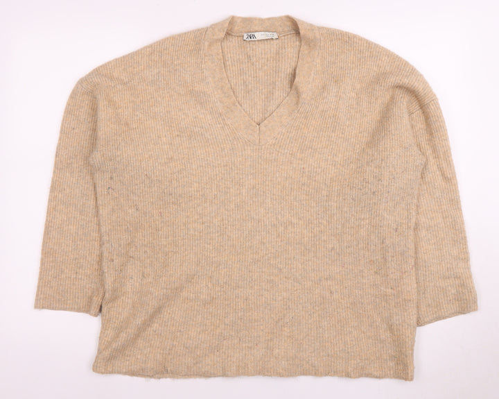 Zara Women's Beige V-Neck Pullover Jumper S