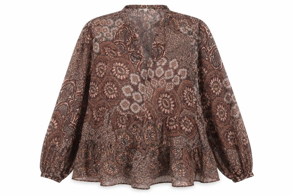Front view of H&M Women's Brown Paisley Tunic Blouse, size S, Polyester