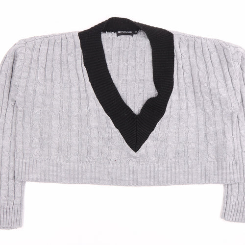 PrettyLittleThing Women's Grey V-Neck Pullover Jumper, M