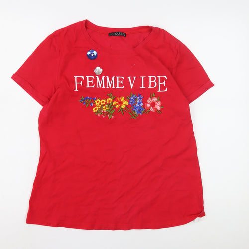 Quiz Women's Red Floral Embroidered T-Shirt, Size 12