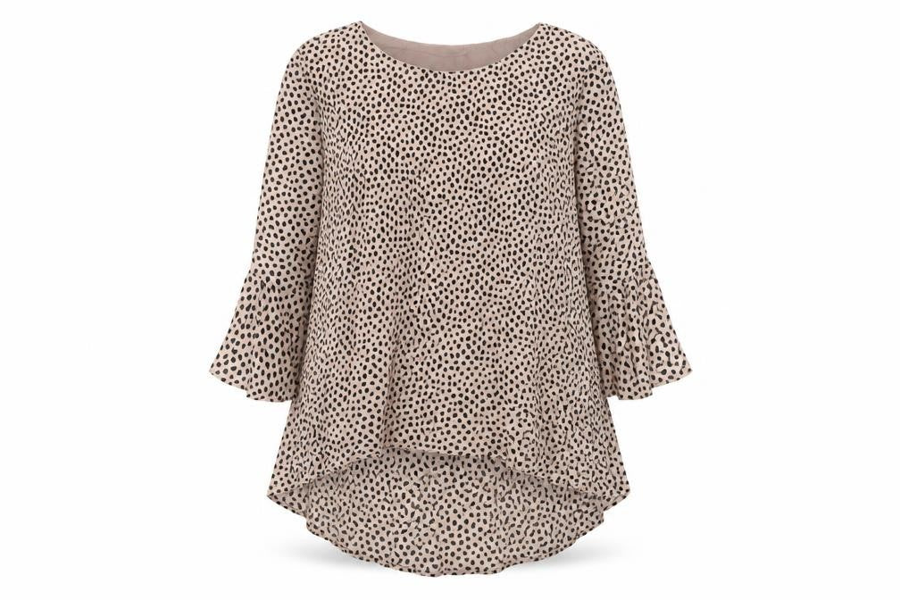 Front view of Izabel London Women's Beige Animal Print Top