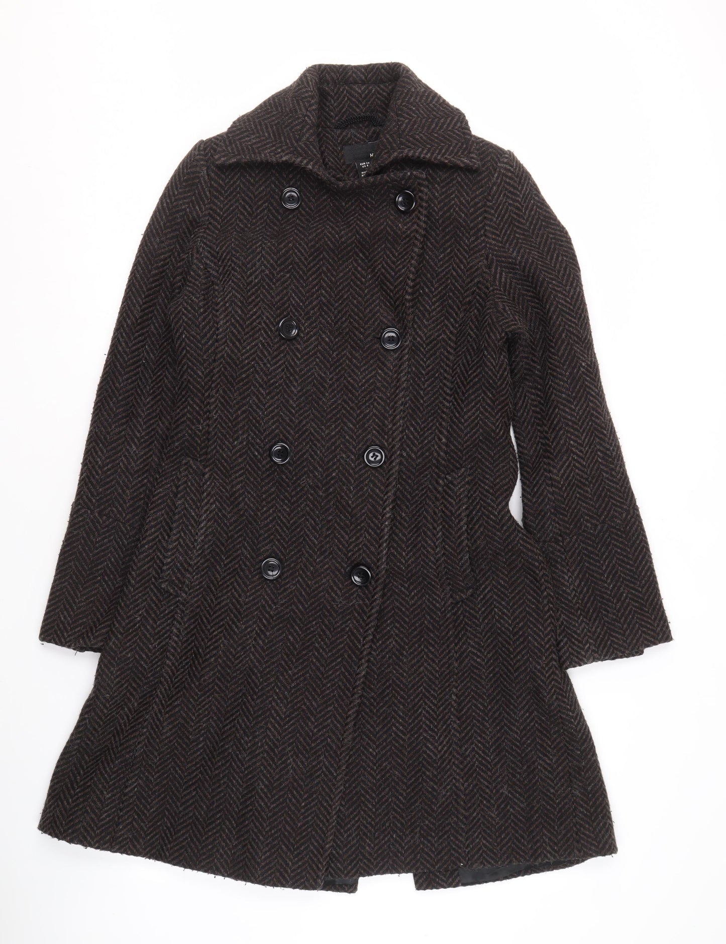 H&M Women’s Brown Pea Coat, Size 8, Herringbone Style