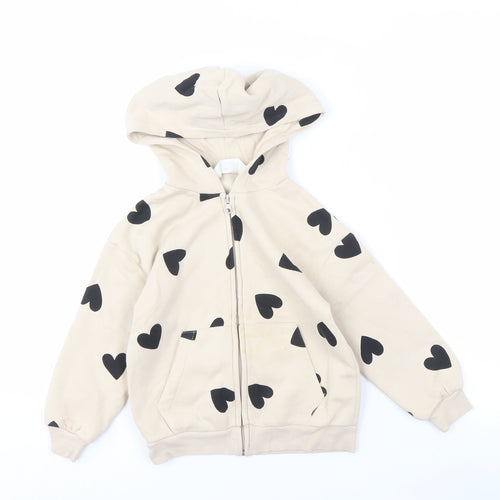 H&M Girls Beige Heart Print Full Zip Hoodie 4-6 Years