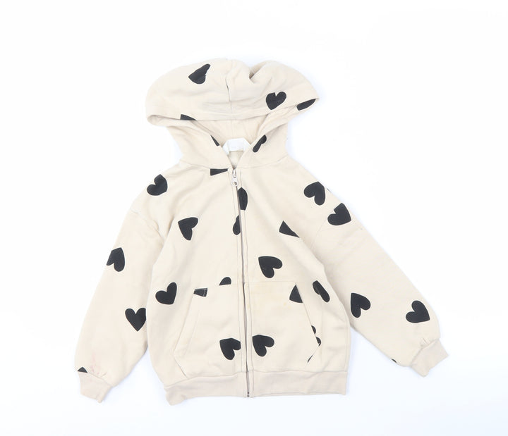 H&M Girls Beige Heart Print Full Zip Hoodie 4-6 Years