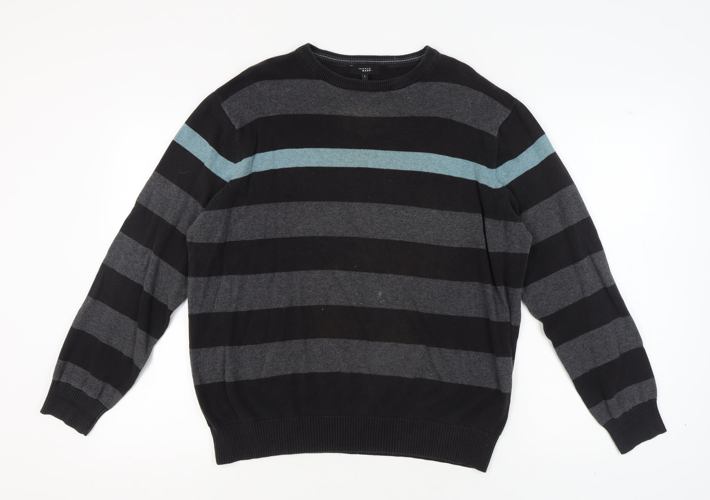 Thomas Nash Mens L Black Striped Pullover Jumper