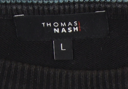 Thomas Nash Mens L Black Striped Pullover Jumper
