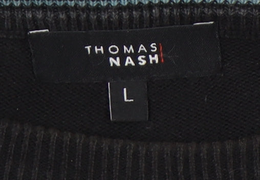 Thomas Nash Mens L Black Striped Pullover Jumper