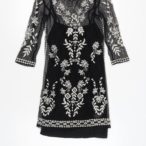 H&M Women’s Black Sheath Dress, Size 8, Embroidered, Floral
