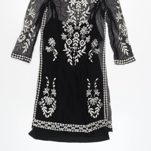 H&M Women’s Black Sheath Dress, Size 8, Embroidered, Floral