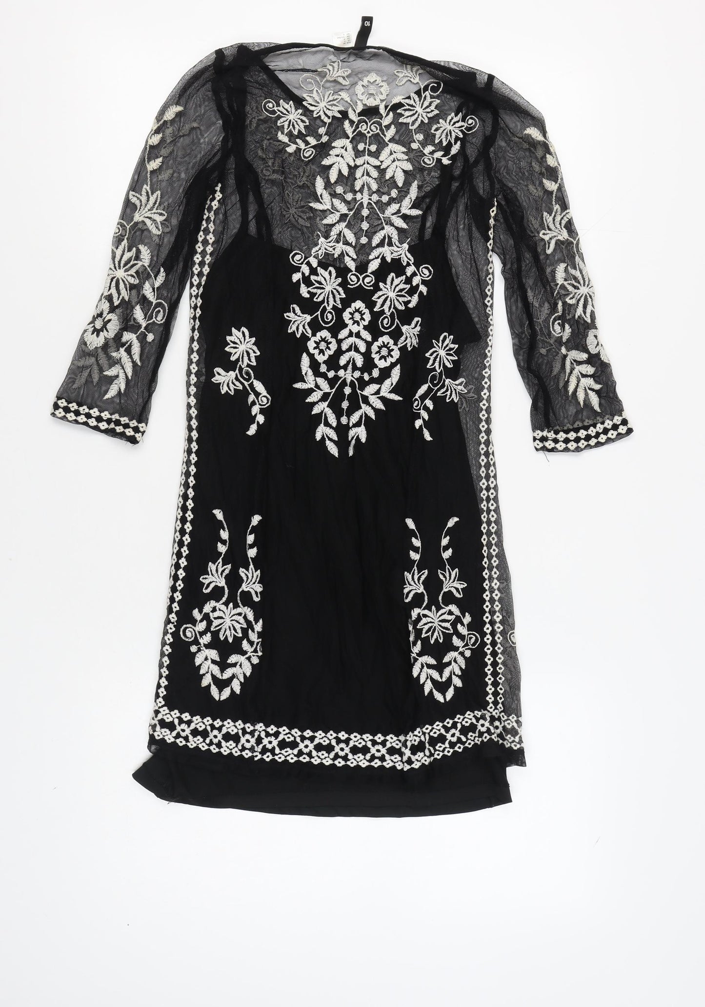 H&M Women’s Black Sheath Dress, Size 8, Embroidered, Floral