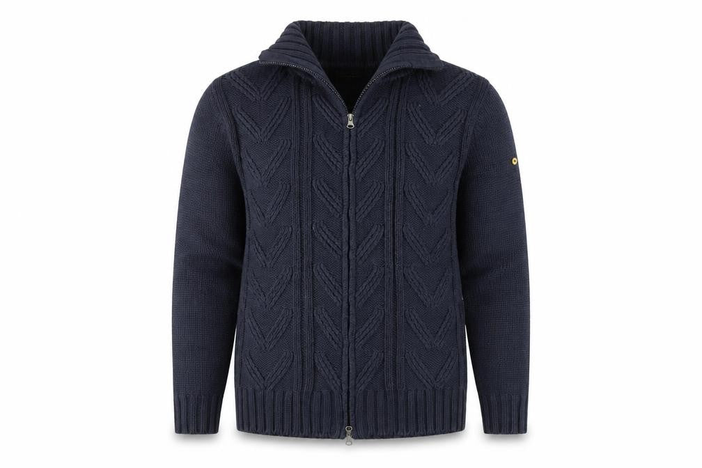 Front view of Tom Cat Men's Blue Full Zip Cable-Knit Jumper M