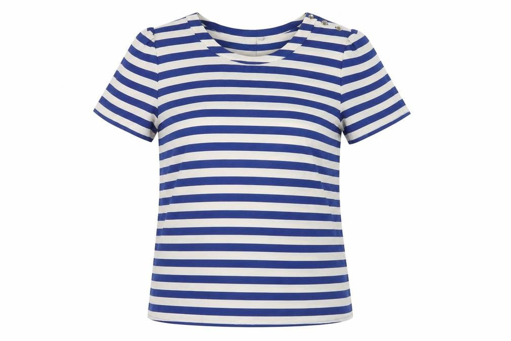 Front view of Oasis Women's Blue Striped T-Shirt, size 8