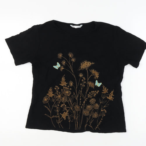 Amaranto Women's Black Embroidered Floral T-Shirt, Size 14