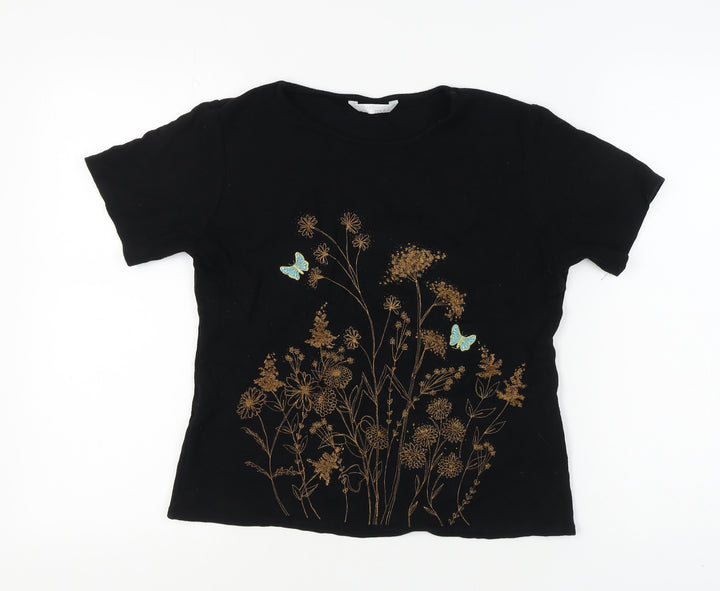 Amaranto Women's Black Embroidered Floral T-Shirt, Size 14