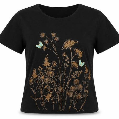 Amaranto Women's Black Embroidered Floral T-Shirt, Size 14