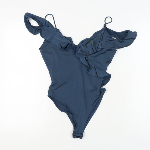 Topshop Women's Blue Bodysuit, Size 10, Ruffle Accent
