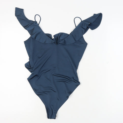 Topshop Women's Blue Bodysuit, Size 10, Ruffle Accent