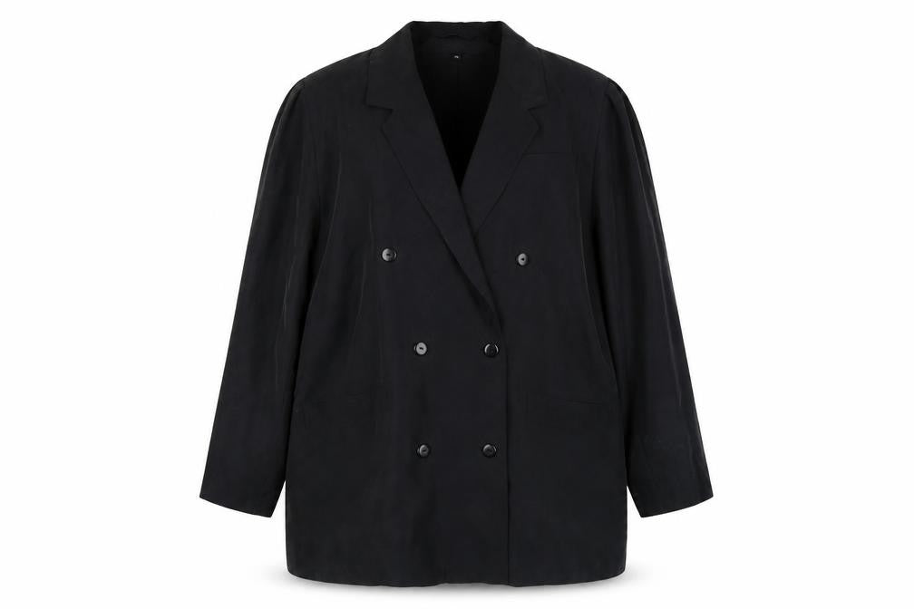 Front view of New Fast Women's Black Double-Breasted Blazer, size 18