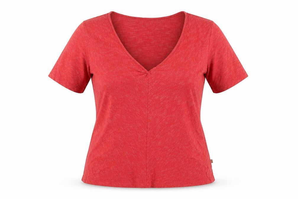 Front view of Horny Toad Women's Red V-Neck T-Shirt, Medium