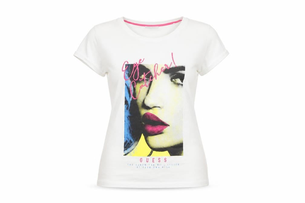 Front view of Guess Women's White T-Shirt M - Eye Catcher Design