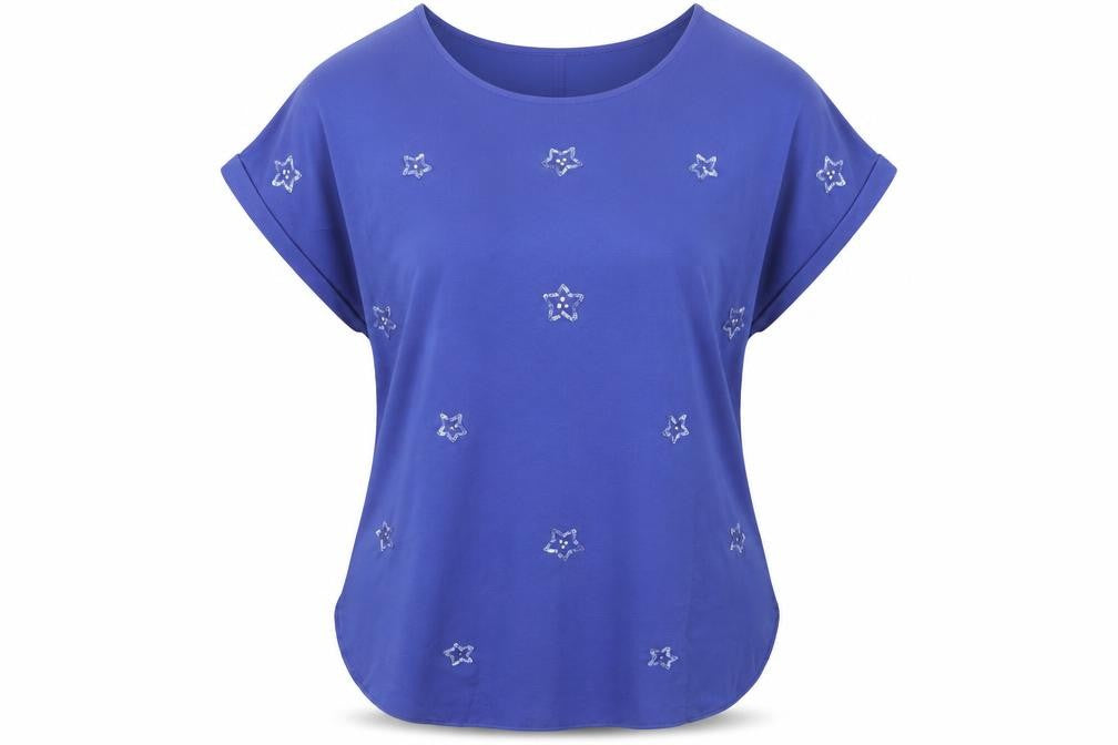 Front view of Capsule Women's Blue Sequin Blouse, size 16