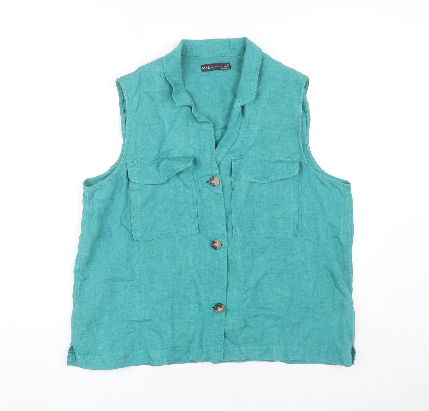 Marks and Spencer Women's Green Linen Button-Up Shirt