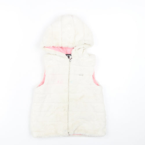 DKNY Girls White Hooded Sleeveless Jacket, S, Casual