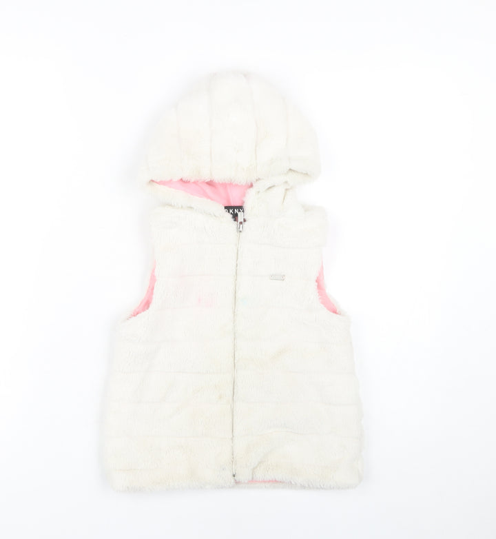 DKNY Girls White Hooded Sleeveless Jacket, S, Casual