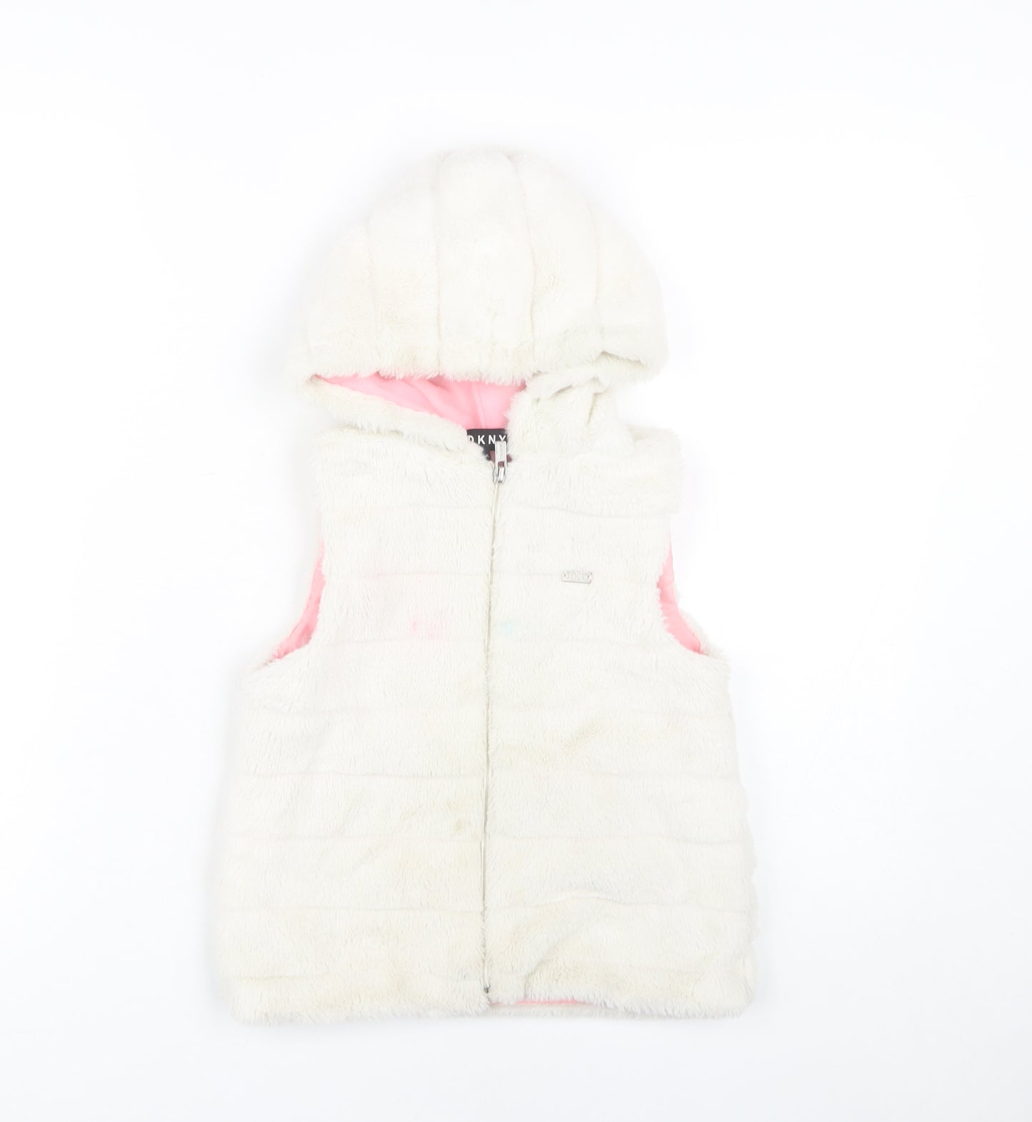 DKNY Girls White Hooded Sleeveless Jacket, S, Casual