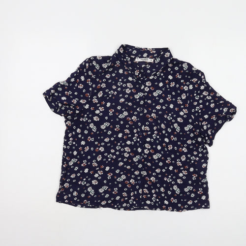 Pull & Bear Women's Blue Floral Button-Up Shirt, Size S