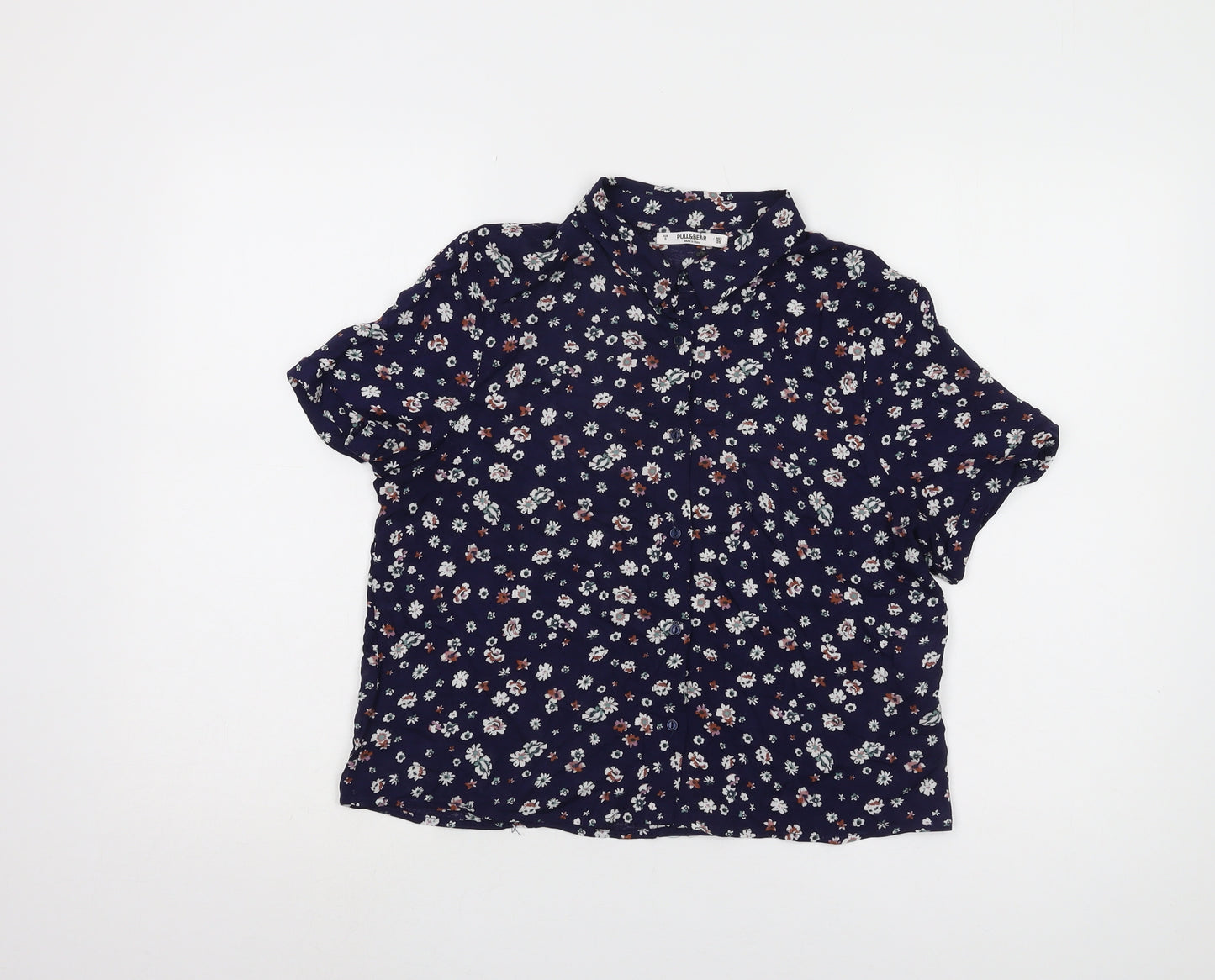 Pull & Bear Women's Blue Floral Button-Up Shirt, Size S