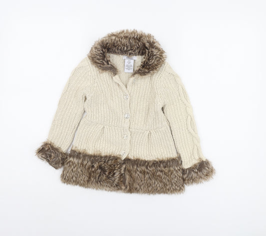 Miss Mona Mouse Girls Beige Fur Trim Cardigan 3-4 Years