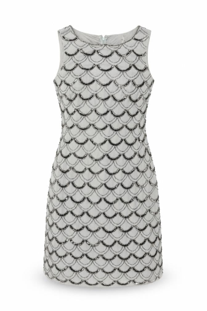 Front view of Monsoon Grey Sequin Sheath Dress UK 12 Women's Party