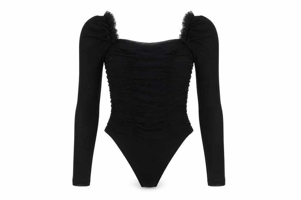 Front view of New Look Black Puff Sleeve Bodysuit, size 10, Women